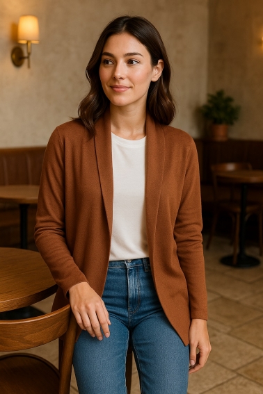 chaqueta de punto cuello smoking camel