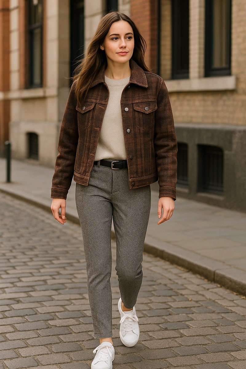 Pantalón recto espiga con cinturón gris