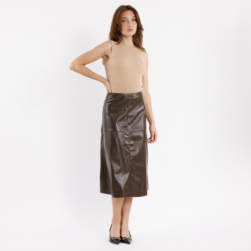 Falda midi ecopiel marrón