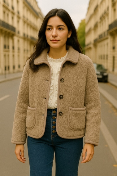 Chaqueta borreguito con ribete taupe