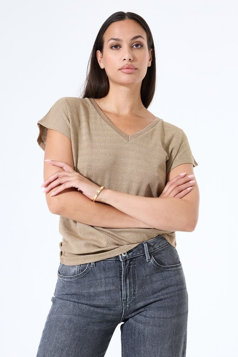 Camiseta manga corta con purpurina taupe