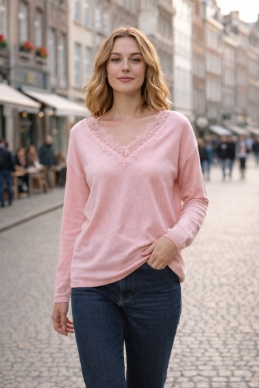 Jersey fino con encaje  de color rosa