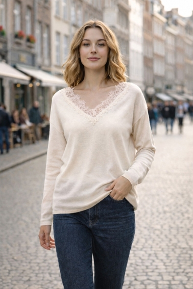 Jersey fino con encaje crudo