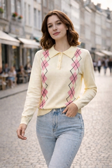 Polo manga larga con rombo rosa