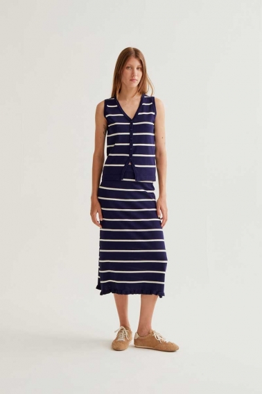 Falda midi de punto estampado de rayas azul marino y blanco